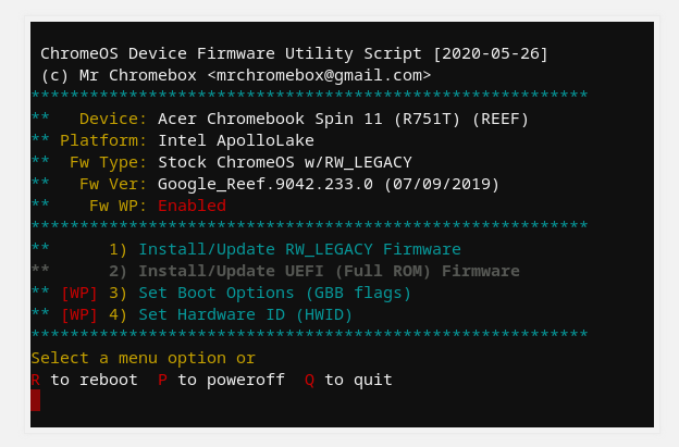 Screenshot of the executed MrchromeboxFirmware Utility Script