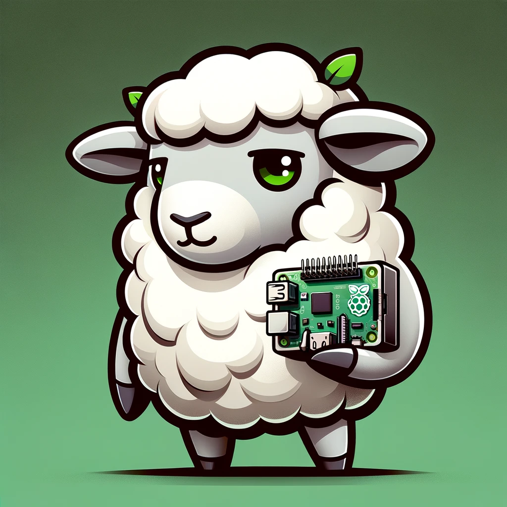 White fluffy sheep holding a Raspberry Pi with a wise look on its face.